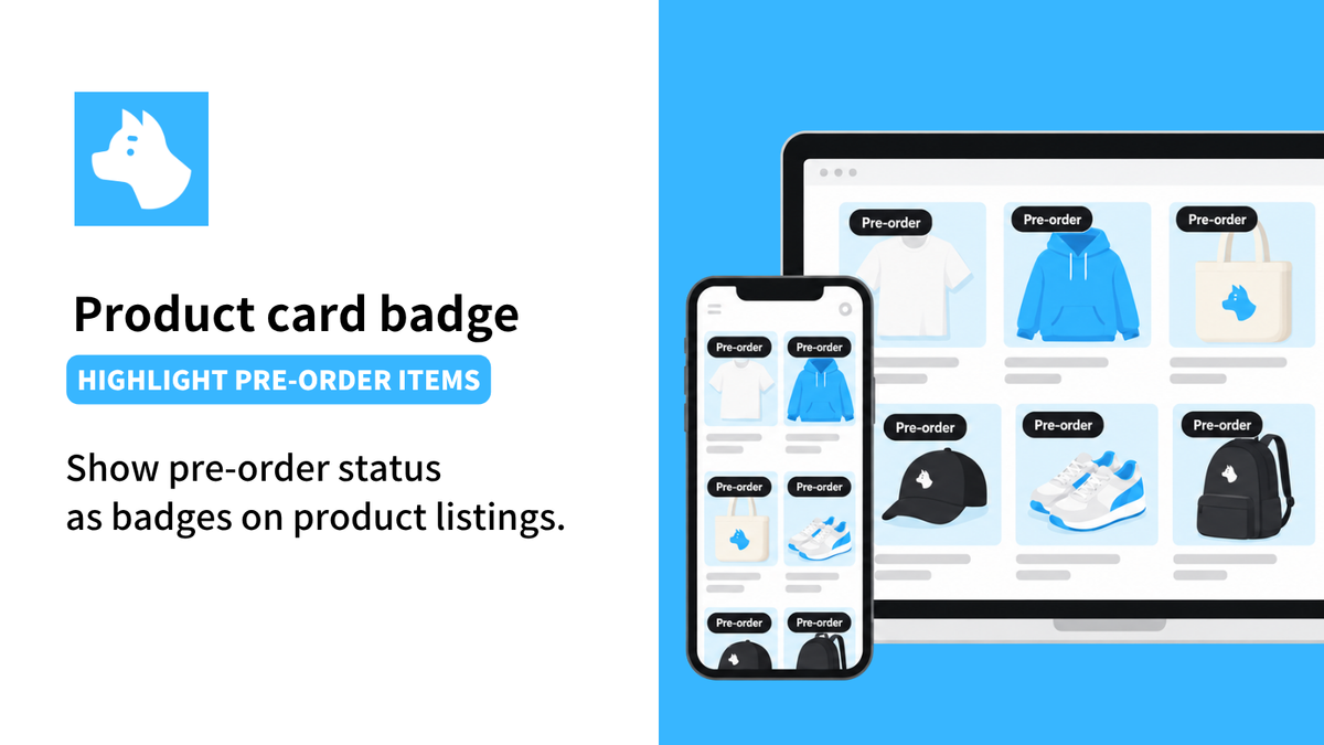 Product card badge illustration with desktop and mobile product listings contained within a blue background