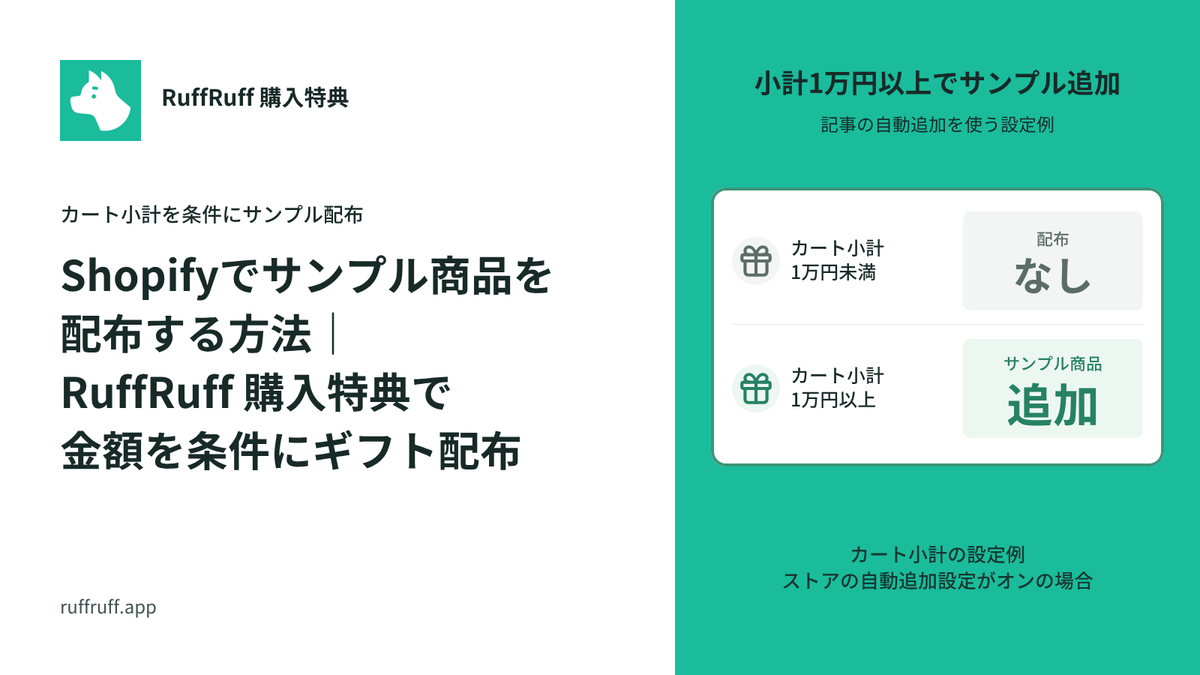 Shopifyでサンプル商品を配布する方法｜RuffRuff 購入特典で金額を条件にギフト配布